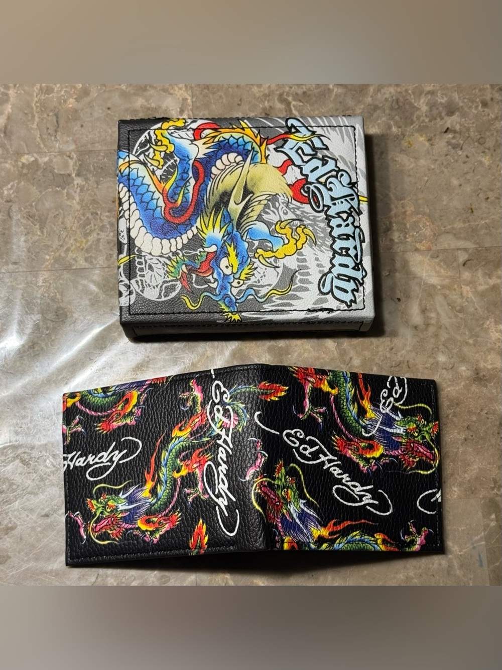 New Ed Hardy Men's Dragon Bifold Wallet features a vibrant tattoo design